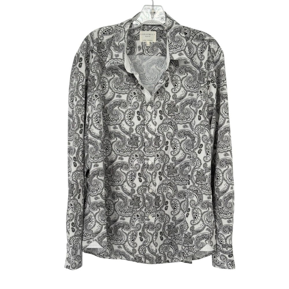 Con.Struct Button Down Shirt White Black Paisley 4-Way Stretch Slim Fit L